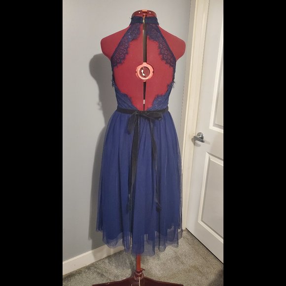 Backless, dark blue, lace dress, Asos, size 6 - Picture 2 of 5